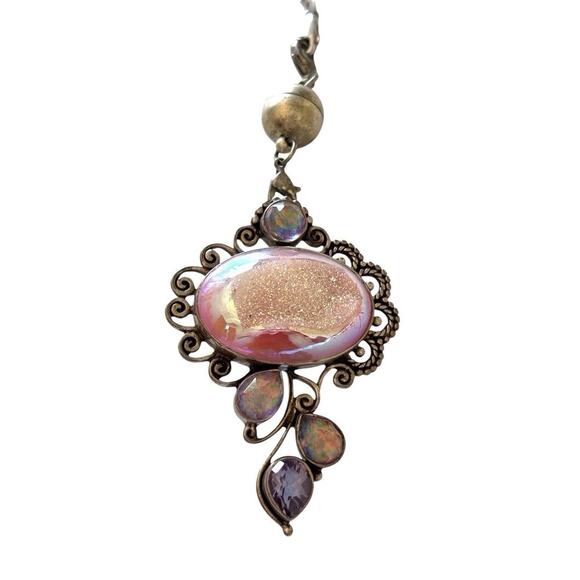 Sajen Jewelry - Sajen 925 Sterling Pink Druzy Pendant w/ Amethyst & Opal Triplets On 925 Chain